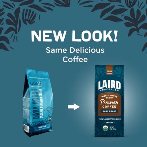 Laird Superfood Peruvian Dark Roast Caffeinated Ground Coffee, Ethically Sourced Premium Ground Coffee, Gluten-Free, Dairy-Free, Non-GMO, Paleo, Keto Friendly, 12 oz. Bag