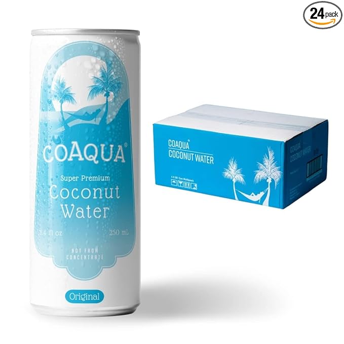 CoAqua Organic Coconut Water, 24 Pack, Natural Electrolytes for Hydration, Naturally Sweet Electrolyte Drink Potassium, Pure Coconut Water Not from Concentrate, Fat Free, Low Sugar, 8.4 Fl Oz Cans