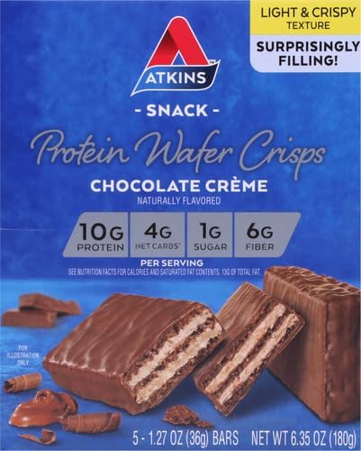 Atkins Chocolate Crème Protein Wafer Crisps, Protein Dessert, 4g Net Carb, 1g Sugar, High in Fiber, Keto Friendly, 5 Count