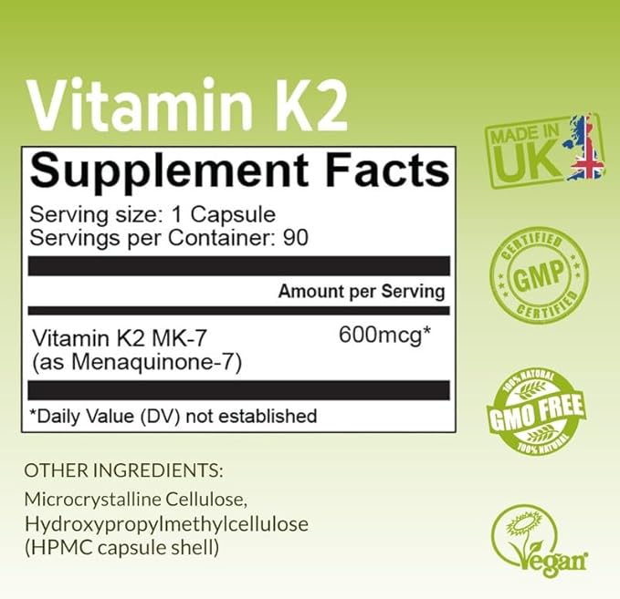 NutriZing K2 Vitamin Supplement MK-7 600mcg - 90 Vegan K2 for 3 Month