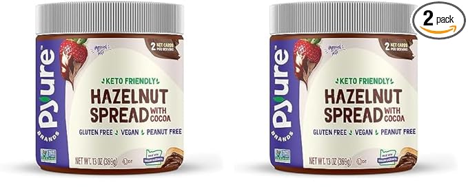 Pyure Organic Chocolate Hazelnut Spread | 90% Less Sugar | 1 Net Carb Keto Snack | No Palm Oil, Gluten-Free, Peanut Free, Plant-Based Hazelnut Spread for Vegan Keto Friendly Food | 13oz (Pack of 2)