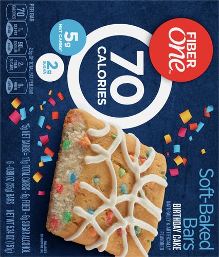 Fiber One 70 Calorie Soft-Baked Bars, Birthday Cake, Snack Bars, 6 ct