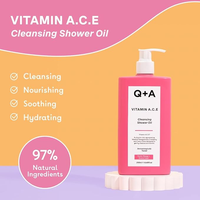 Q+A Vitamin A.C.E Cleansing Shower Oil, blend of vitamin-rich Fruit Extracts and Oils, plus a Superfood Complex supporting skin barrier whilst delivering an ultra-gentle cleanse, 250ml