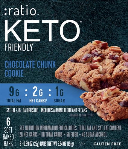 Ratio Soft Baked Bars, Chocolate Chunk Cookie, 1g Sugar, Keto Friendly, 5.34 OZ (6 Bars) (Pack of 2)