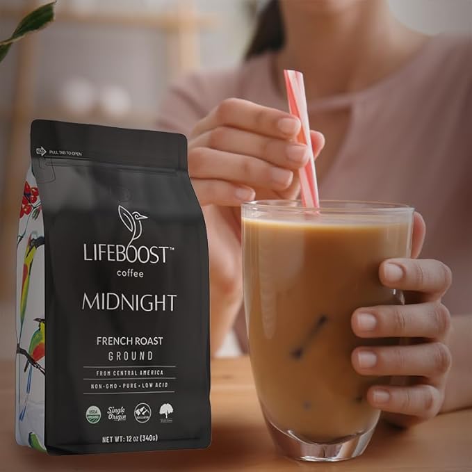 LIFEBOOST Midnight Coffee French Roast Coffee Ground - Single Origin USDA Organic Low Acid Coffee French Roast - Non-GMO Ground Coffee - Third Party Tested For Mycotoxins & Pesticides - 12 Ounces