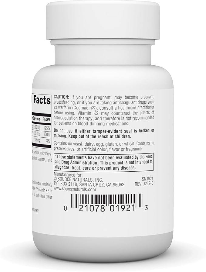 Source Naturals Vitamin K2 + D3 D3, Vitamin K2 (MK-7) (MK-7) and 30 Tablets