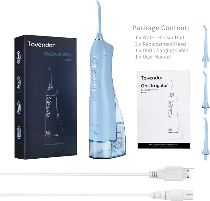 TOVENDOR Electric Water Flosser, Rechargeable Dental 3 Modes, 5 Tips (300ML, IPX7Waterproof IPX7Waterproof Waterflosser)