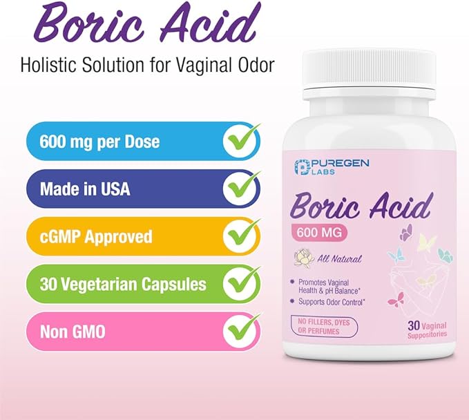 Puregen Labs Boric Acid 600 mg 100% Pure (30 Count)