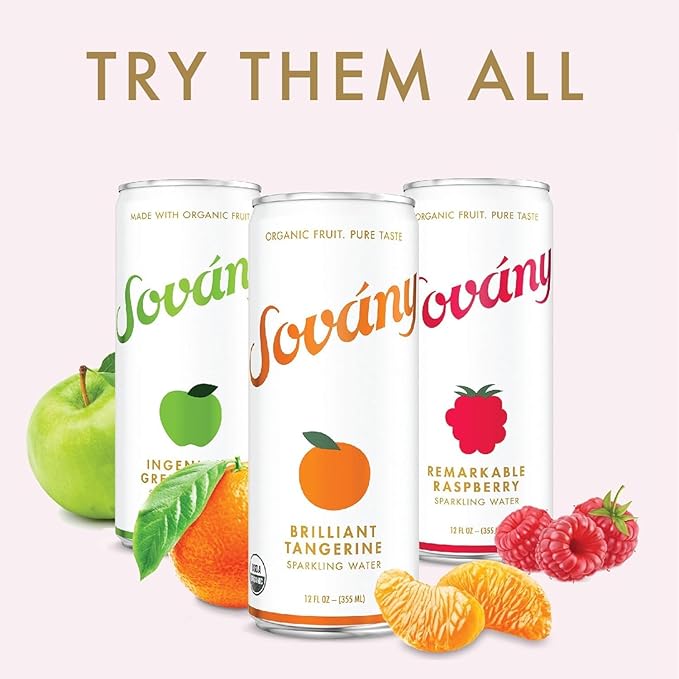 Sovány Sparkling Water, Raspberry, Seltzer Water Drinks, USDA Organic, Made With Real Fruit, Non-GMO, Vegan, No Added Sugar, Low Calorie, 12 fl oz, 24 Pack