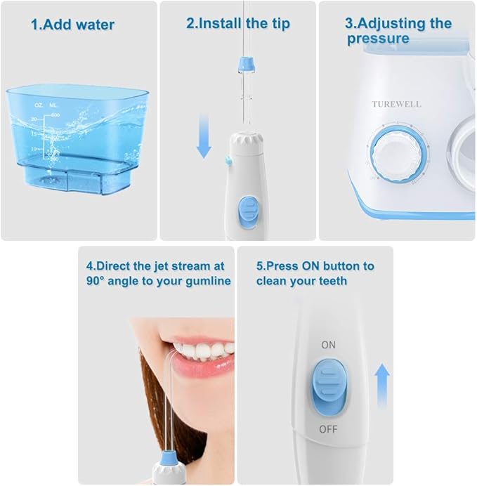 TUREWELL Water Flossing Oral Irrigator, 600ML 10 Adjustable 8 Water