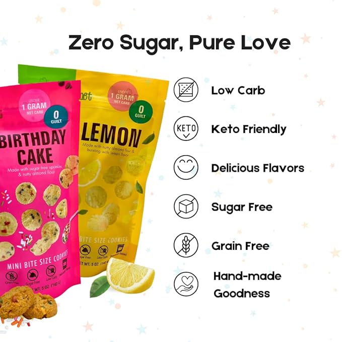 New Too Good Gourmet Low Carb Keto Snack | 2 Pack Lemon and Birthday Cake Flavor Sugar Free Cookies | Perfectly Baked | Gluten-Free | Grain-Free Keto Cookies | Zero Sugar Snacks