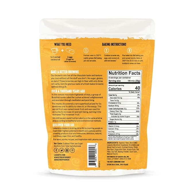 Lakanto Sugar Free Brownie Mix - Sweetened with Monk Fruit Sweetener and Erythritol, Keto Diet Friendly, Delicious Dutched Cocoa, High in Fiber, Low Net Carbs, Gluten Free, Easy to Make Dessert (Pack of 1)