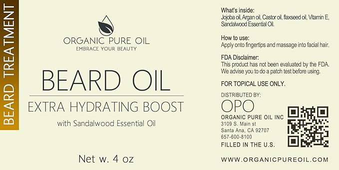 OPO - Organic Beard Oil for Men: 4 oz Sandalwood, Non-GMO, Vegan Facial Hair Conditioner for Fast Growing Beard, Mustache, Eyelash & Eyebrows