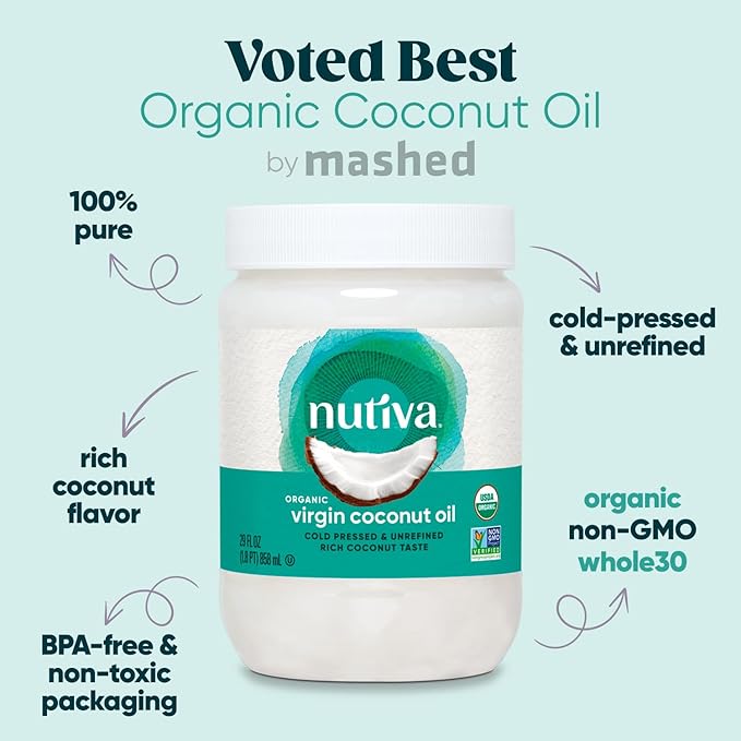 Nutiva Organic Coconut Oil 29 fl oz, Cold-Pressed, Fresh Flavor for Cooking Oil, Natural Hair Oil, Skin Oil, Massage Oil and, Non-GMO, USDA Organic, Unrefined Extra Virgin Coconut Oil (Aceite de Coco)