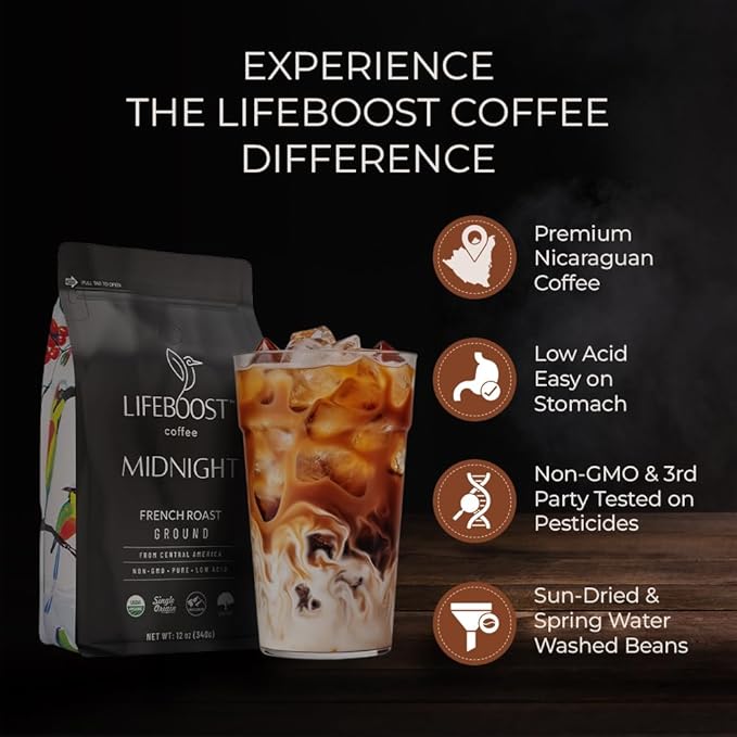 LIFEBOOST Midnight Coffee French Roast Coffee Ground - Single Origin USDA Organic Low Acid Coffee French Roast - Non-GMO Ground Coffee - Third Party Tested For Mycotoxins & Pesticides - 12 Ounces