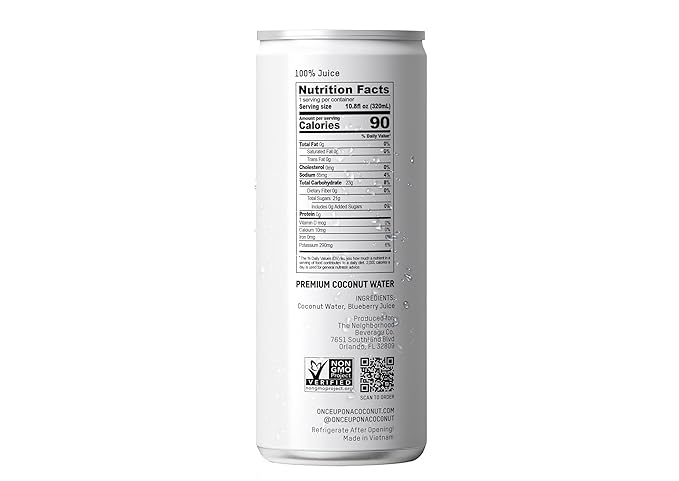 Once Upon a Coconut Blueberry Coconut Water - Pure No Sugar Added - Low-Calorie, All-Natural Drink with Electrolytes - Non-GMO, Gluten-Free - Pack of 12 Cans (each 10.8 fl oz)
