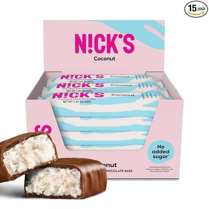NICKS Coconut Keto Chocolate Candy Bars No Added Sugar 160 Calories, 3.0 Net carbs, Gluten Free Sweets Low carb Candy Snack Bar (Multipack 15x40g)