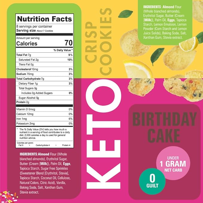 New Too Good Gourmet Low Carb Keto Snack | 2 Pack Lemon and Birthday Cake Flavor Sugar Free Cookies | Perfectly Baked | Gluten-Free | Grain-Free Keto Cookies | Zero Sugar Snacks