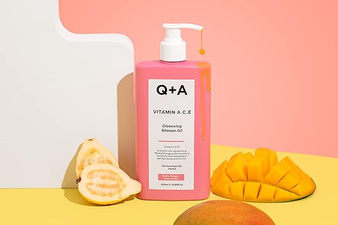 Q+A Vitamin A.C.E Cleansing Shower Oil, blend of vitamin-rich Fruit Extracts and Oils, plus a Superfood Complex supporting skin barrier whilst delivering an ultra-gentle cleanse, 250ml