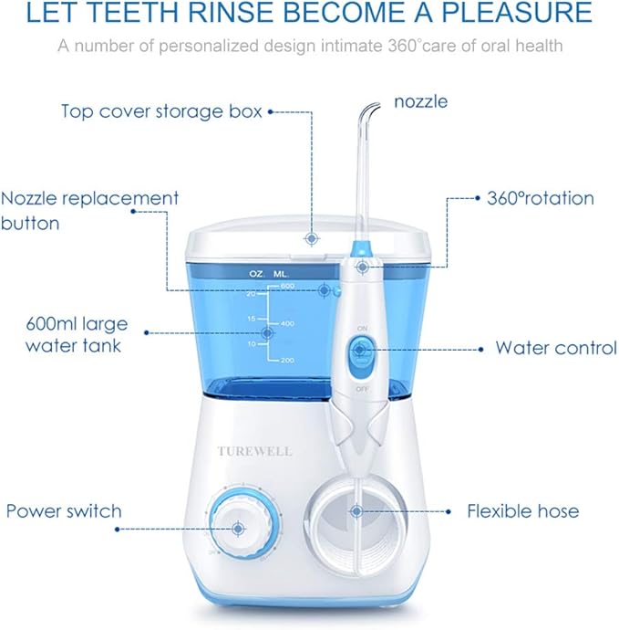 TUREWELL Water Flossing Oral Irrigator, 600ML 10 Adjustable 8 Water