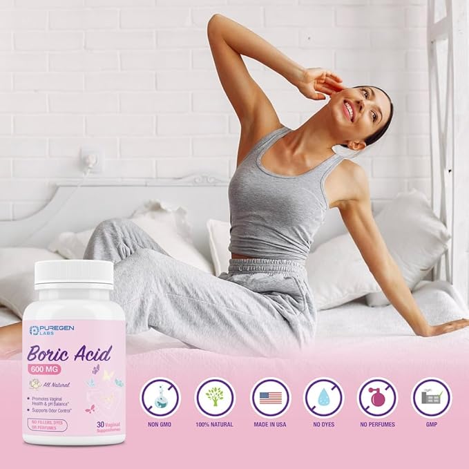 Puregen Labs Boric Acid 600 mg 100% Pure (30 Count)