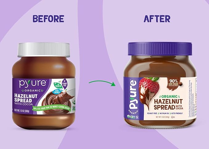 Pyure Organic Chocolate Hazelnut Spread | 90% Less Sugar | 1 Net Carb Keto Snack | No Palm Oil, Gluten-Free, Peanut Free, Plant-Based Hazelnut Spread for Vegan Keto Friendly Food | 13oz (Pack of 2)