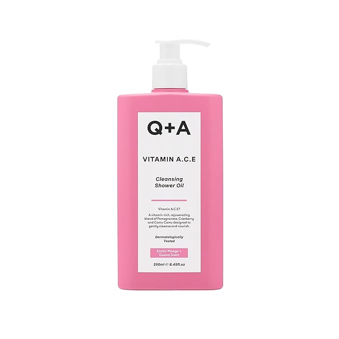 Q+A Vitamin A.C.E Cleansing Shower Oil, blend of vitamin-rich Fruit Extracts and Oils, plus a Superfood Complex supporting skin barrier whilst delivering an ultra-gentle cleanse, 250ml
