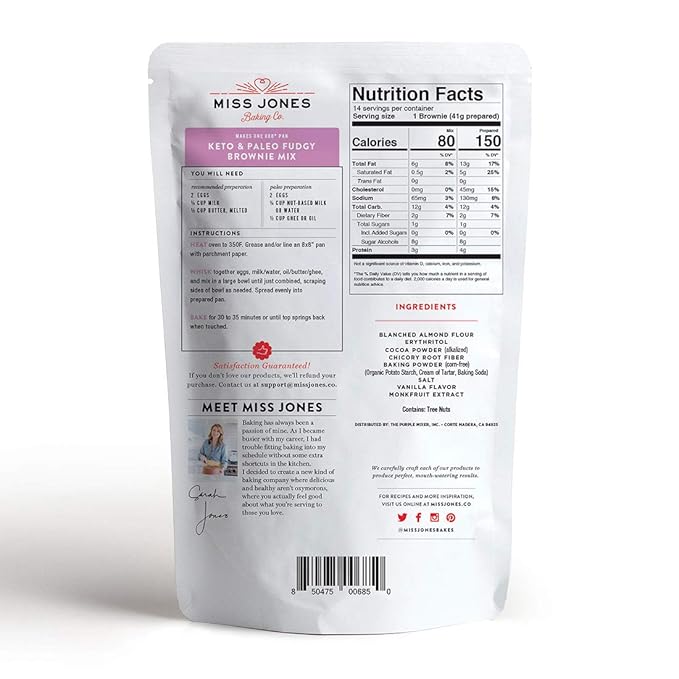 Miss Jones Baking Brownie Mix - Almond Flour, Gluten Free, Low Carb, No Sugar Added, Naturally Sweetened Desserts & Treats - Keto, Diabetic, Atkins, WW, Paleo Friendly (Pack of 2)