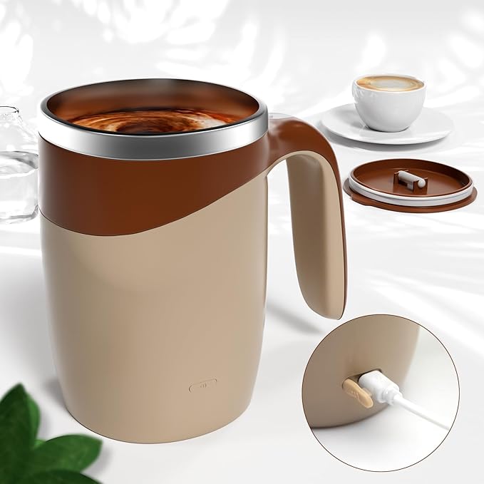 Self Stirring Coffee Mug, Rechargeable Automatic Coffee Stirring Mixing Mug, Electric Funny Self Mixing Cup, Stainless Steel Travel Coffee Cup for Office(Brown)