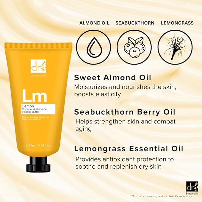 Dr Botanicals Lemon Rescue Body Butter w/Shea - Spa Quality Moisturizer - Dry Skin - Feet - Elbows - Knees - Coconut Lemongrass & Almond Oil - Penetrates Fast - Soft Supple & Radiant - 1.69oz