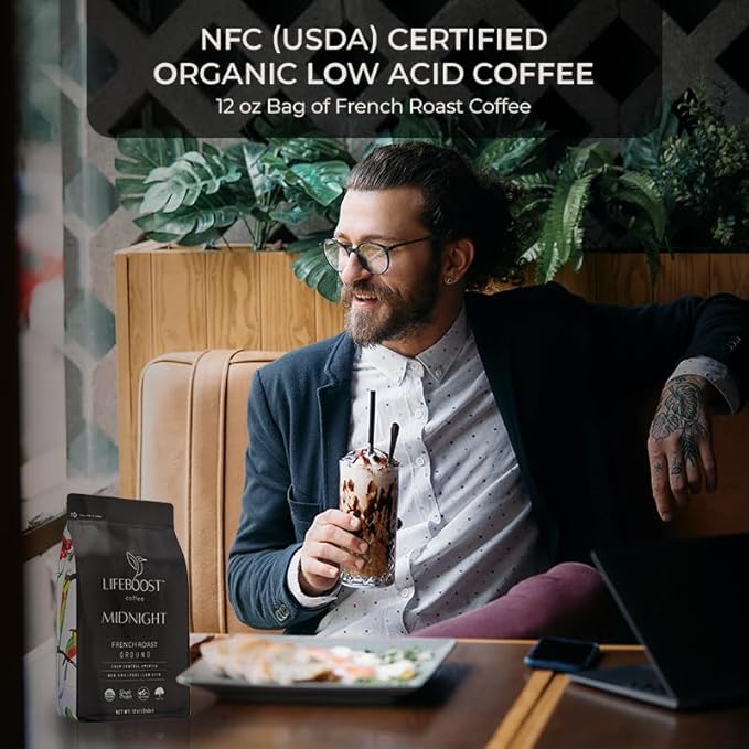 LIFEBOOST Midnight Coffee French Roast Coffee Ground - Single Origin USDA Organic Low Acid Coffee French Roast - Non-GMO Ground Coffee - Third Party Tested For Mycotoxins & Pesticides - 12 Ounces