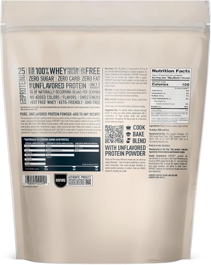 Isopure Unflavored Protein, Whey Isolate, 25g Protein, 1 Pound