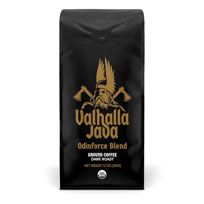 Death Wish Coffee Valhalla Java Dark Roast Ground Coffee, 12 Oz, Bold & Intense Blend of Arabica Robusta Beans, USDA Organic