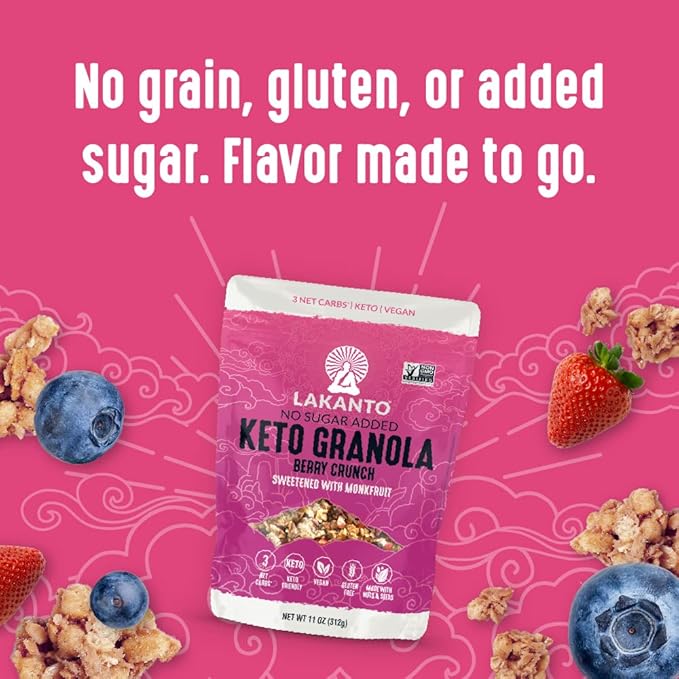 Lakanto Berry Crunch Granola - Delicious Snack, Quick Breakfast Cereal, Keto Friendly, Monk Fruit Sweetener, No Sugar Added, Vegan, Gluten Free, Grain Free, 3g Net Carbs (11 oz)