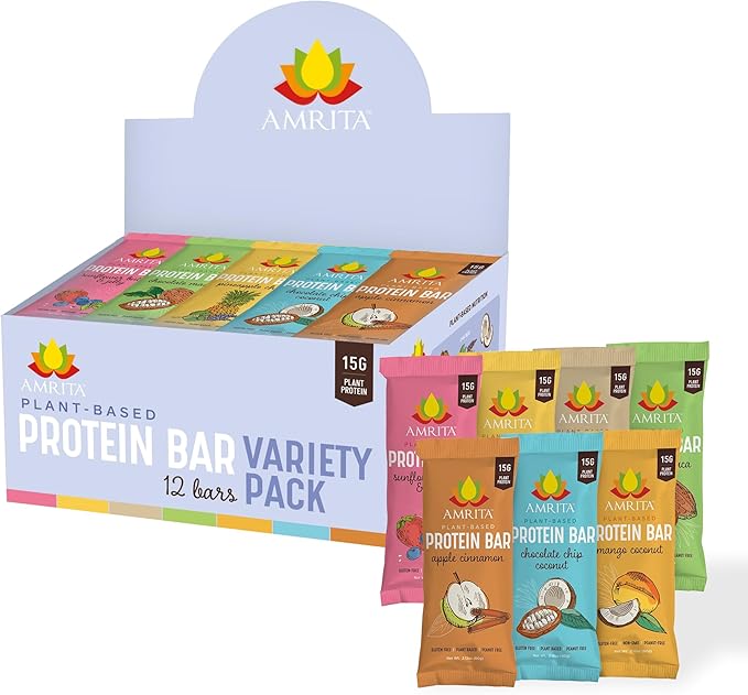 AMRITA Vegan Protein Bars Variety Pack (6 Flavors), |15g Plant