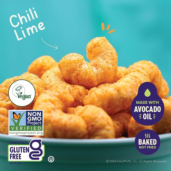 Vegan Chili Lime CauliPuffs - Corn, Rice, and Cauliflower Gluten Free Puffed Snack (box of 15-0.75oz bags)