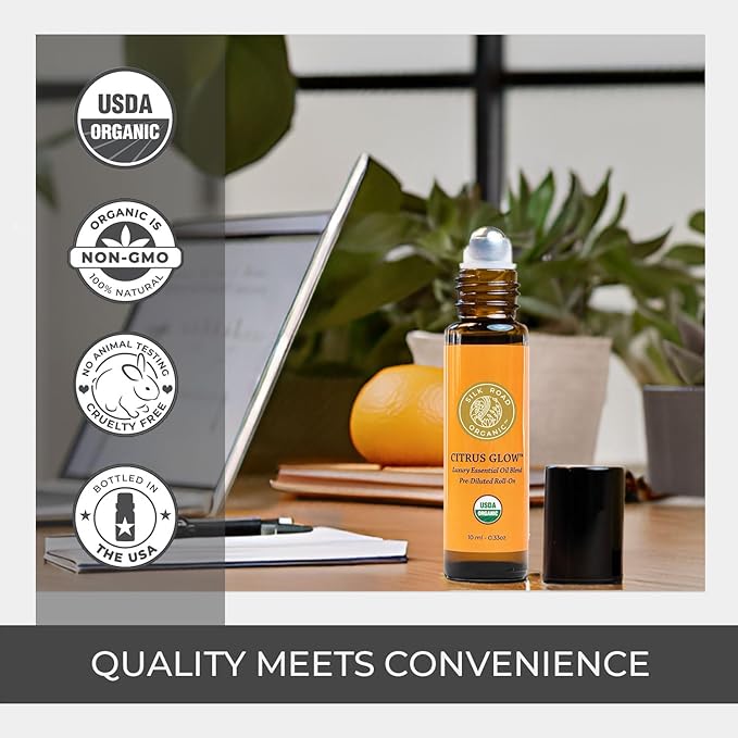 Organic Citrus Glow Essential Oil Revive Blend Roll On, 100% Pure USDA Certified Citrus & Vanilla - Uplifting, & Energizing - 10 ml Roller by Silk Road Organic - Always Pure, Always Organic