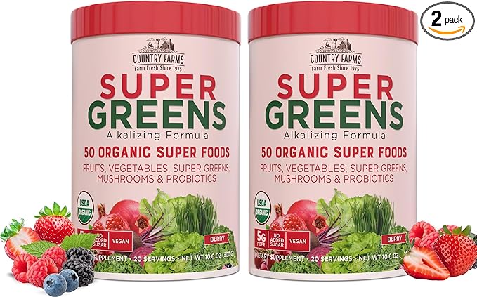 COUNTRY FARMS Super Greens Berry Flavor, 50 Organic 40 Servings, 21 Oz, 2 Pack