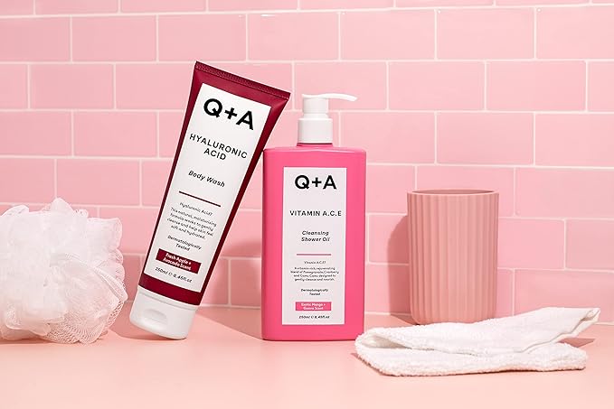Q+A Vitamin A.C.E Cleansing Shower Oil, blend of vitamin-rich Fruit Extracts and Oils, plus a Superfood Complex supporting skin barrier whilst delivering an ultra-gentle cleanse, 250ml