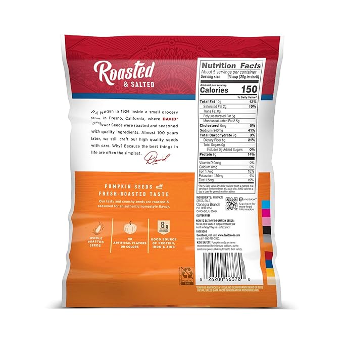 DAVID Seeds Salted and Roasted Pumpkin Seeds, Keto Friendly Snack, 5 OZ Bags, 12 Pack