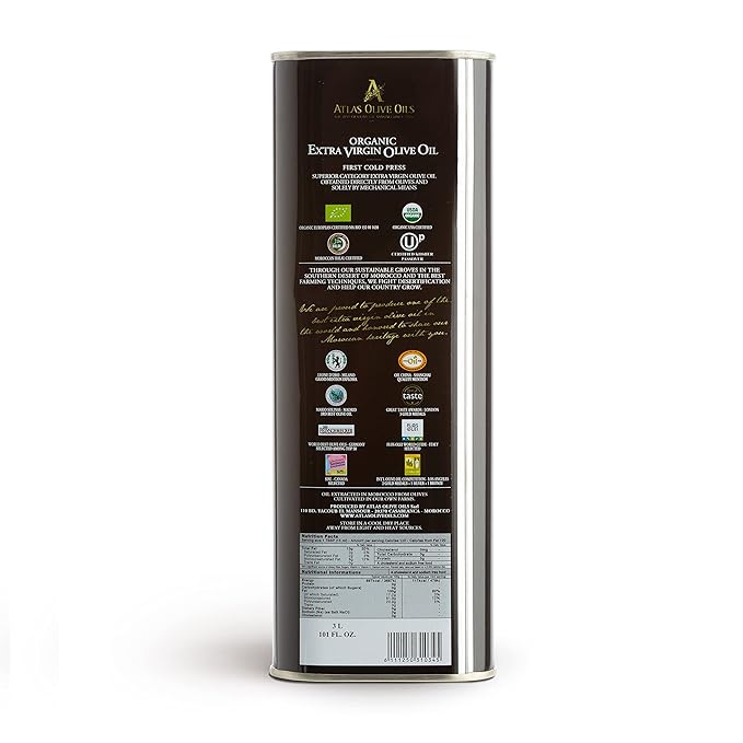 Atlas 3 LT Organic Cold Press Extra Virgin Olive Oil with Polyphenol Rich from Morocco|Newly Harvested Unprocessed from One Single Family Farm | Moroccan EVOO Trusted by Michelin Star Chefs