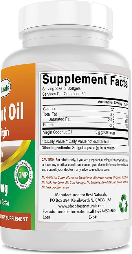 Best Naturals Extra Virgin Coconut Oil 1000 mg Softgel, 180 Count (180 Count (Pack of 3))