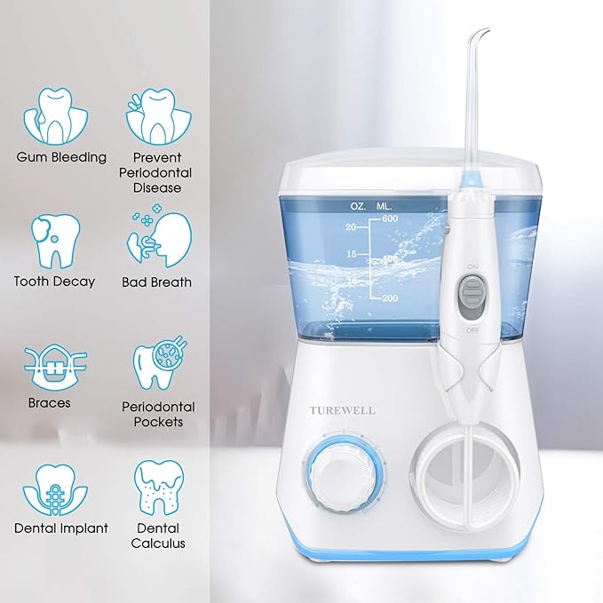 TUREWELL Water Flossing Oral Irrigator, 600ML 10 Adjustable 8 Water