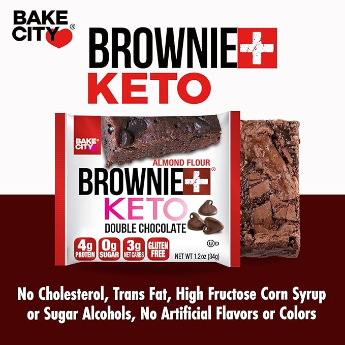 Bake City Brownie+ Keto | 1.2oz Brownie (12 pack), Gluten Free, 0g Sugar, Only 3g Net Carbs, Good Fats, 4g Protein, Kosher, No Artificial Ingredients