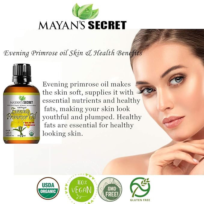 Mayan's Secret Evening Primrose Oil USDA Certified Organic/Natural/Undiluted/Unrefined/Cold Pressed Carrier Oil. Rejuvenate and moisturize the skin and hair