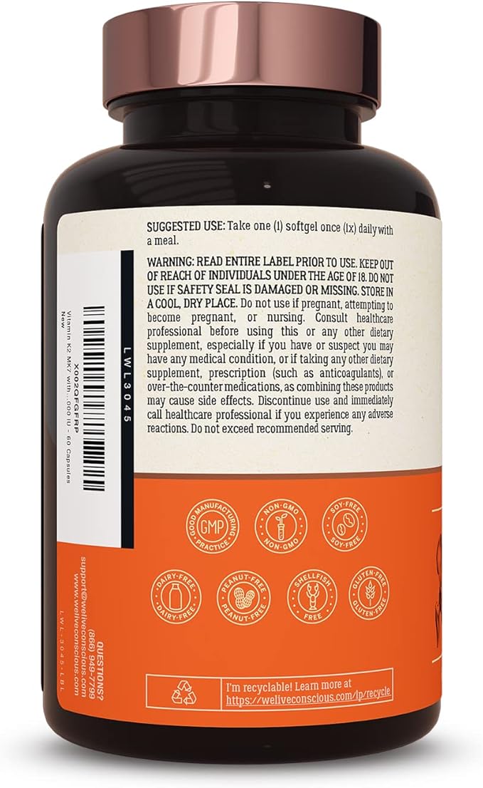 Live Conscious Vitamin K2 MK7 D3 Supplement D3 5000 5000 IU 60 Softgels