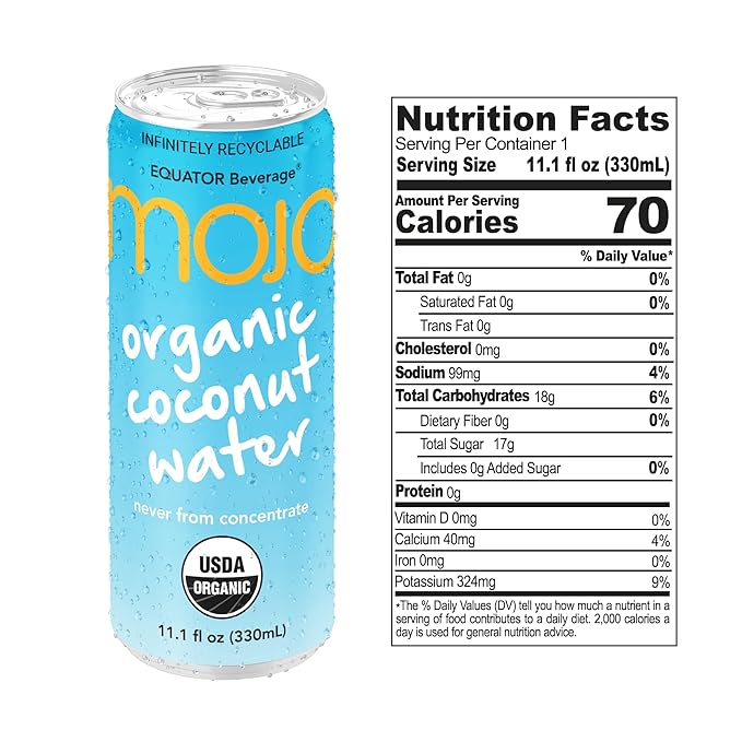 MOJO Organic Coconut Water | Hydration & Sports | Electrolytes 1043 mg | Vitamin B & C | Super Hydration for Skin & Body | 11.1 Oz (Pack Of 12)