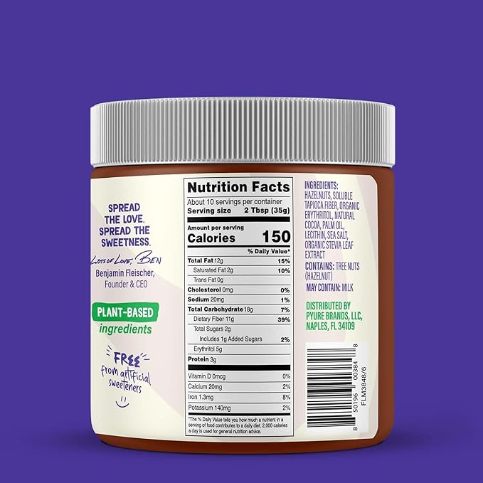 Pyure Hazelnut Spread with Cocoa 2 Net Carbs Keto Snack Gluten-Free, Peanut Free, Plant-Based Hazelnut Spread for Vegan Keto Friendly Food 13oz