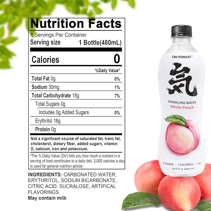 CHI FOREST Sparkling Water, White Peach Flavored Bubbly Sparling Water in Bottle, 0 Sugar and 0 Calories Carbonated Water, 16.2 Fl oz(480ml), Pack of 15