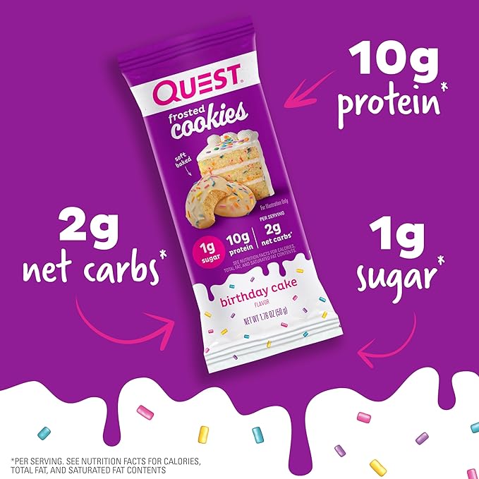 Quest Nutrition Frosted Cookies Twin Pack, Birthday Cake, 1g Sugar, 10g Protein, 2g Net Carbs, Gluten Free, 8 Count(Pack of 1)